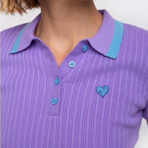 Lazy Oaf Sz US 2/XS Tiny Heart Polo Ribbed Knit Stretch Cotton Purple Cropped - Picture 2 of 10